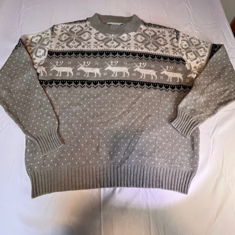 John Deere Size M Knit Sweater Mens Grey Excellent Vintage Fair Isle Reindeer